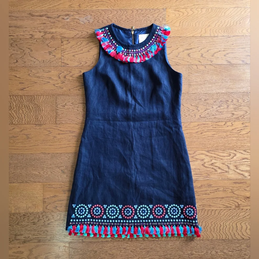 Kate Spade Dress Linen Blend Navy Blue  Fringe Size 6